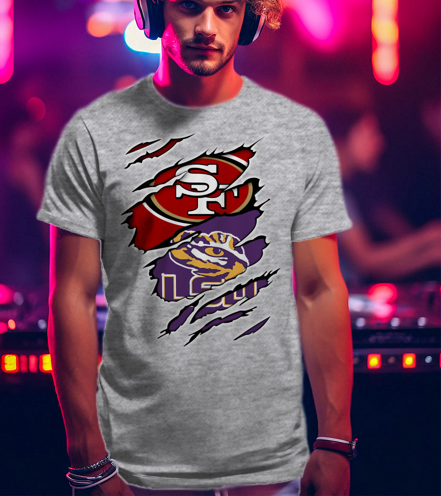 LSU Tigers And San Francisco 49ers Logos On Torn Background T-Shirt