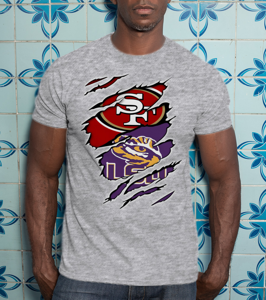 LSU Tigers And San Francisco 49ers Logos On Torn Background T-Shirt