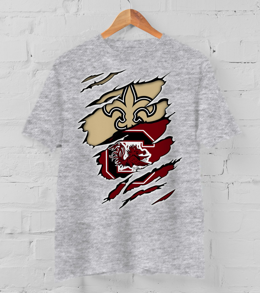 Saints Gamecocks Logo Crossover With Fleur-de-Lis And Fighting Rooster T-Shirt