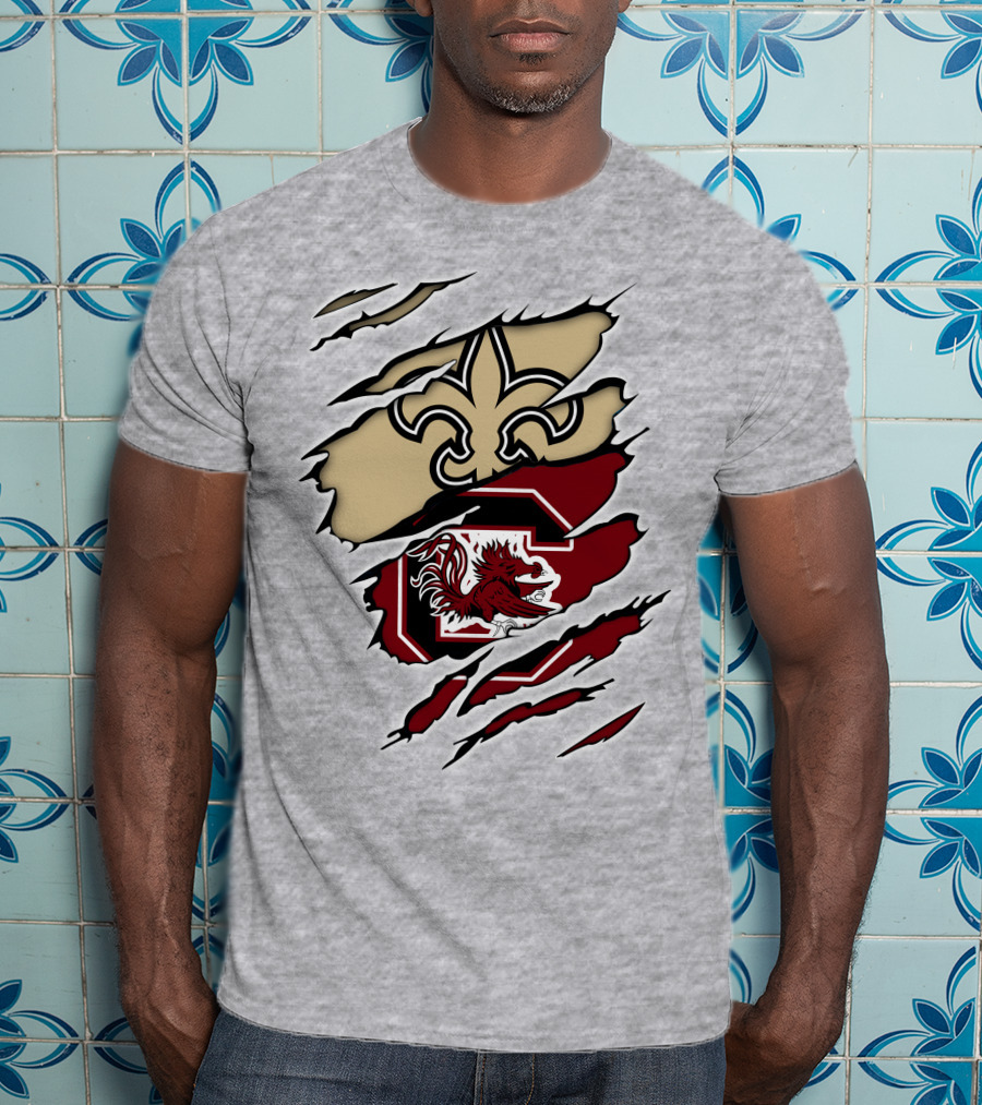 Saints Gamecocks Logo Crossover With Fleur-de-Lis And Fighting Rooster T-Shirt