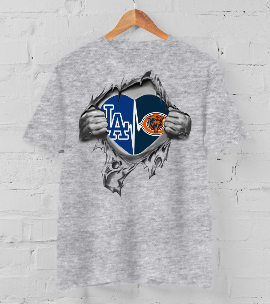 Bears Dodgers Heart With Logos Inside Torn Fabric T-Shirt