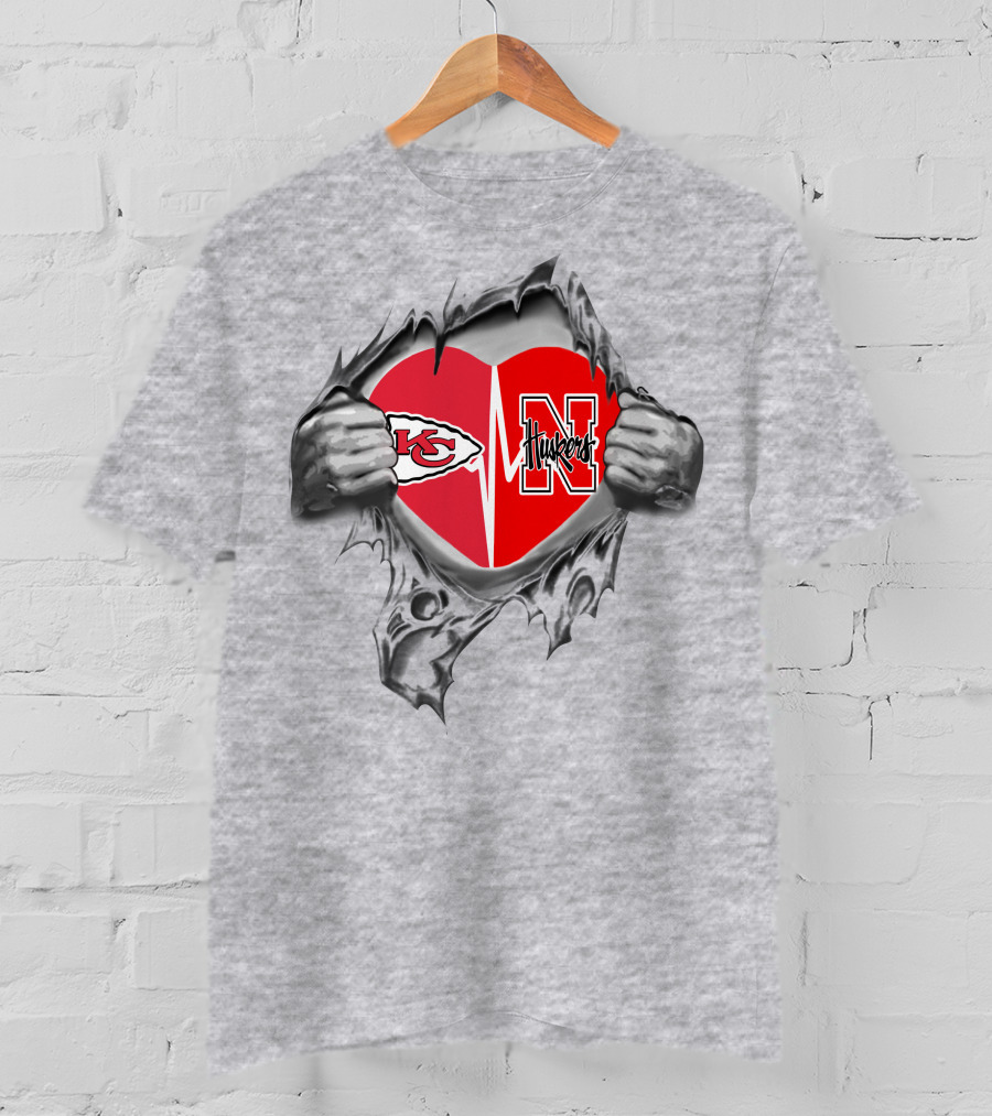 Chiefs Huskers Heart Behind Ripped Steel T-Shirt
