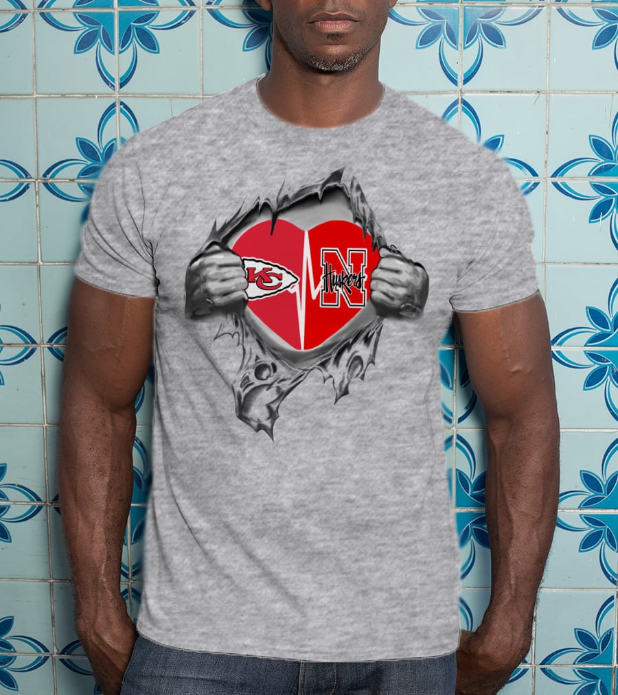 Chiefs Huskers Heart Behind Ripped Steel T-Shirt
