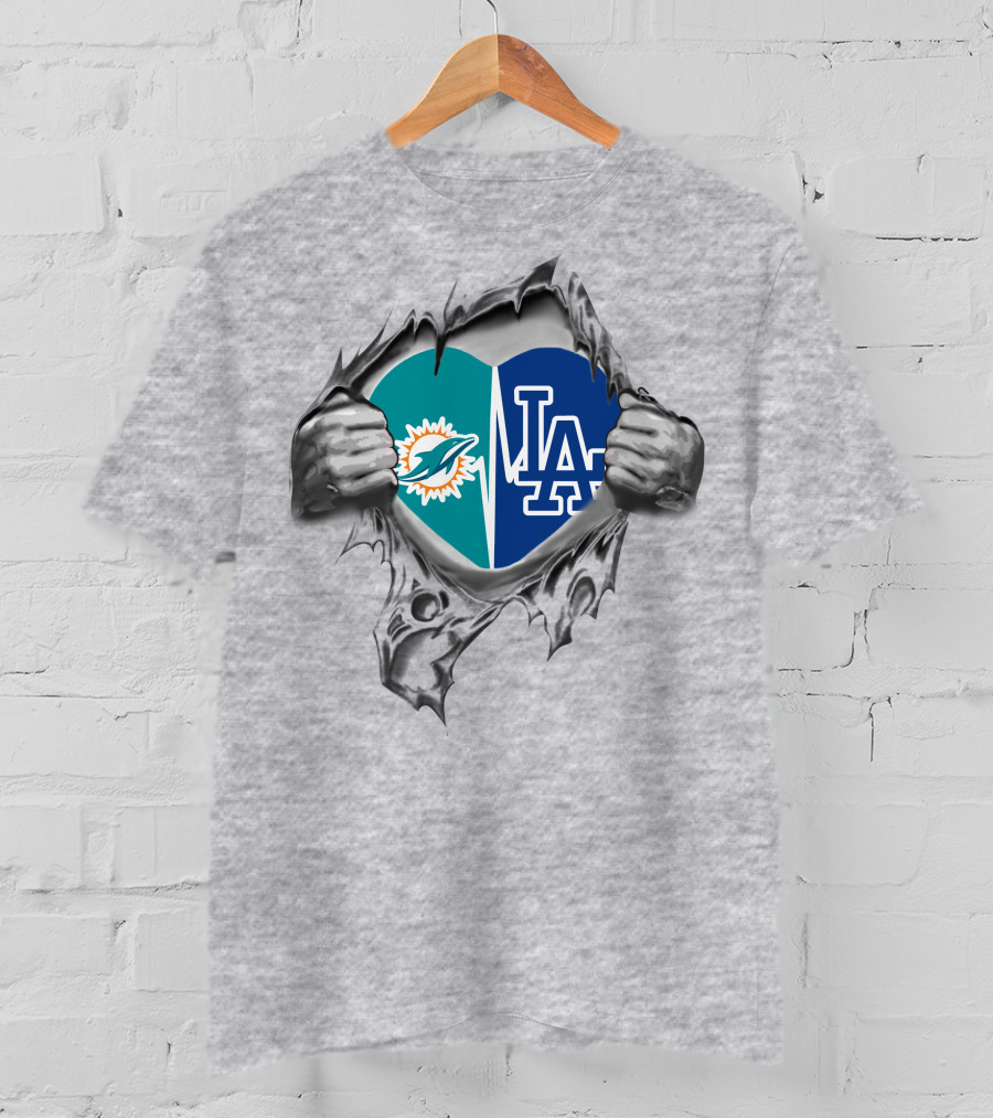 Miami Dolphins LA Dodgers Heart Tear T-Shirt