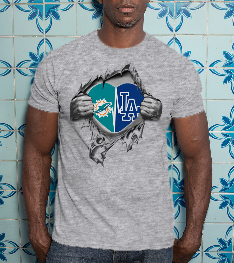 Miami Dolphins LA Dodgers Heart Tear T-Shirt