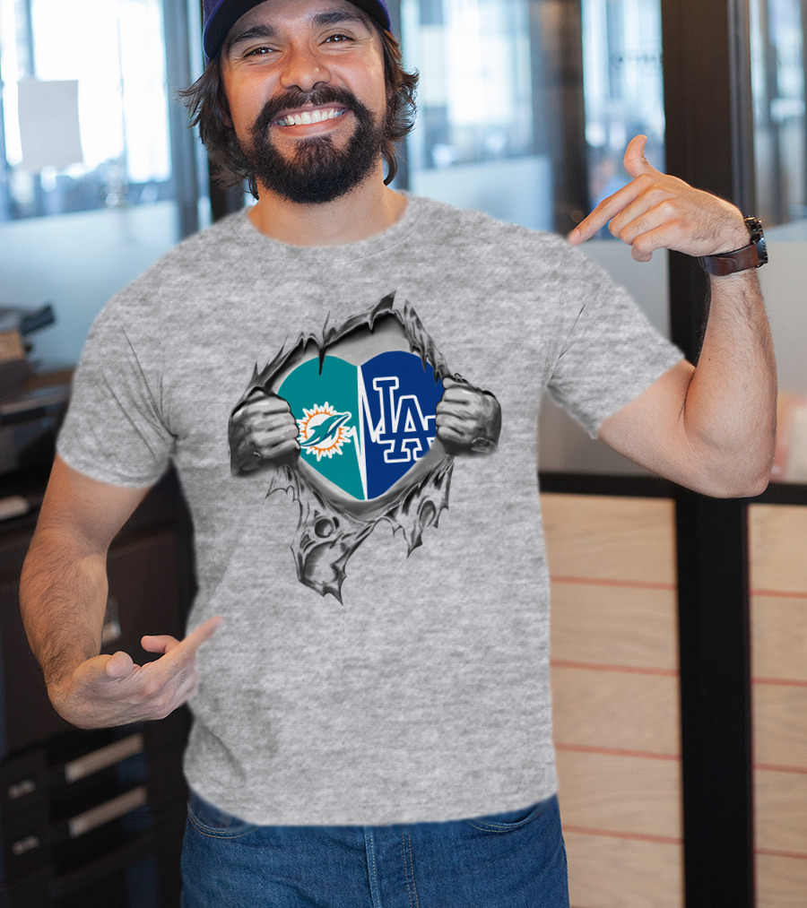 Miami Dolphins LA Dodgers Heart Tear T-Shirt
