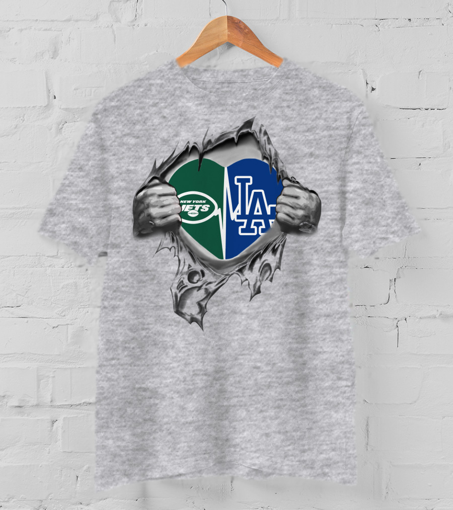 New York Jets Los Angeles Dodgers Heart Symbol Logo Passion T-Shirt