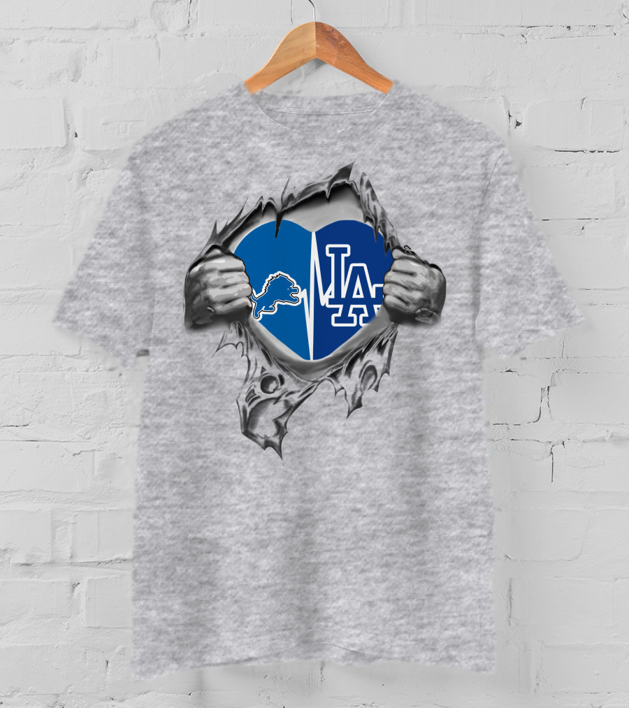 Detroit Lions And Los Angeles Dodgers Heartbeat Passion T-Shirt