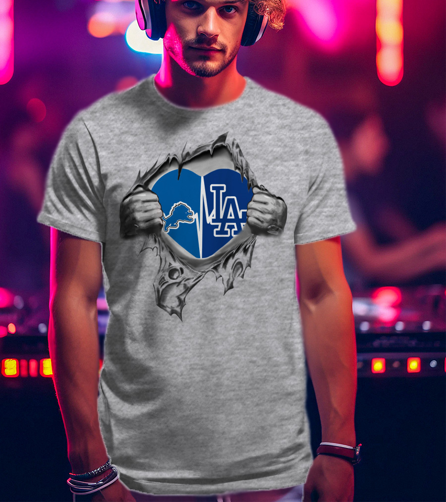 Detroit Lions And Los Angeles Dodgers Heartbeat Passion T-Shirt