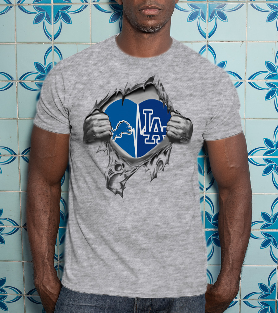 Detroit Lions And Los Angeles Dodgers Heartbeat Passion T-Shirt
