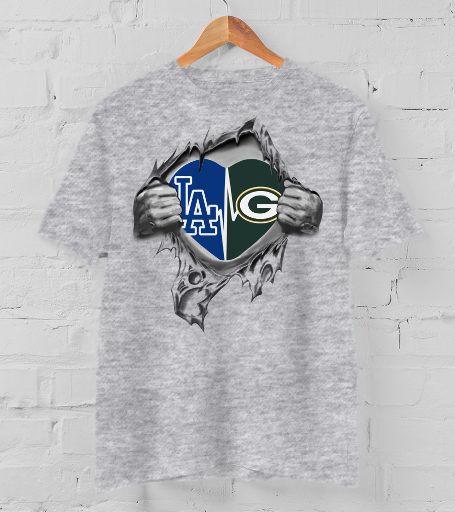 Packers Dodgers Heart With LA And Green Bay T-Shirt