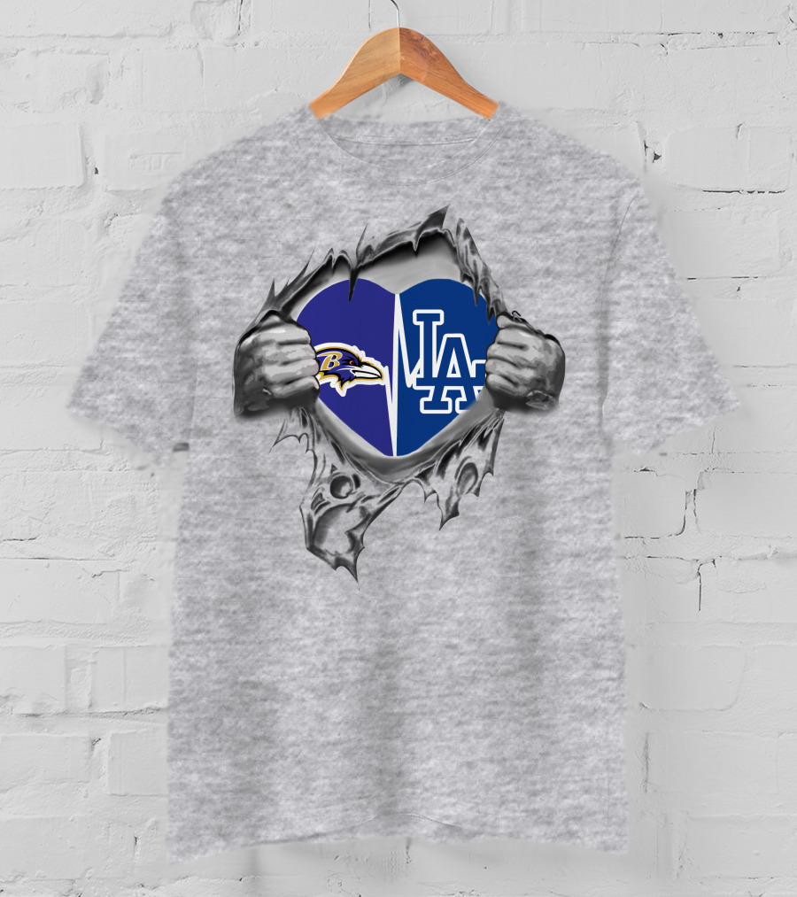 Ravens Dodgers Heart Logos Torn T-Shirt