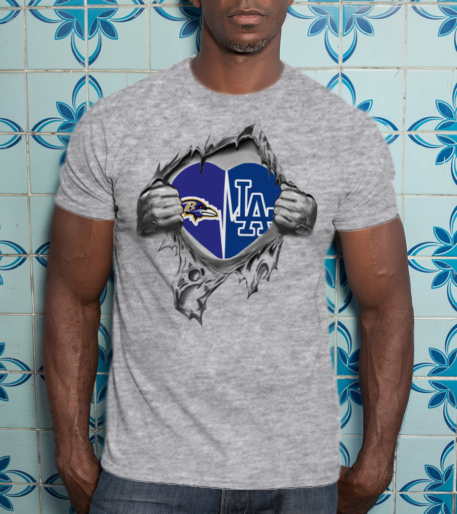 Ravens Dodgers Heart Logos Torn T-Shirt