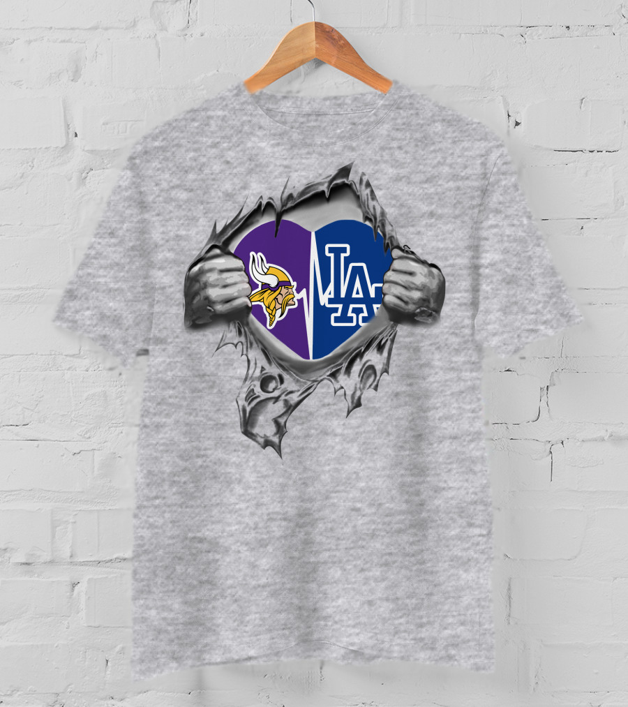 Vikings Dodgers It's In My Heart LA Logo Split Purple And Blue Heart NFL MLB Fans T-Shirt