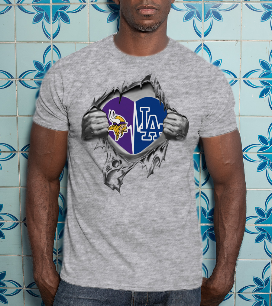 Vikings Dodgers It's In My Heart LA Logo Split Purple And Blue Heart NFL MLB Fans T-Shirt