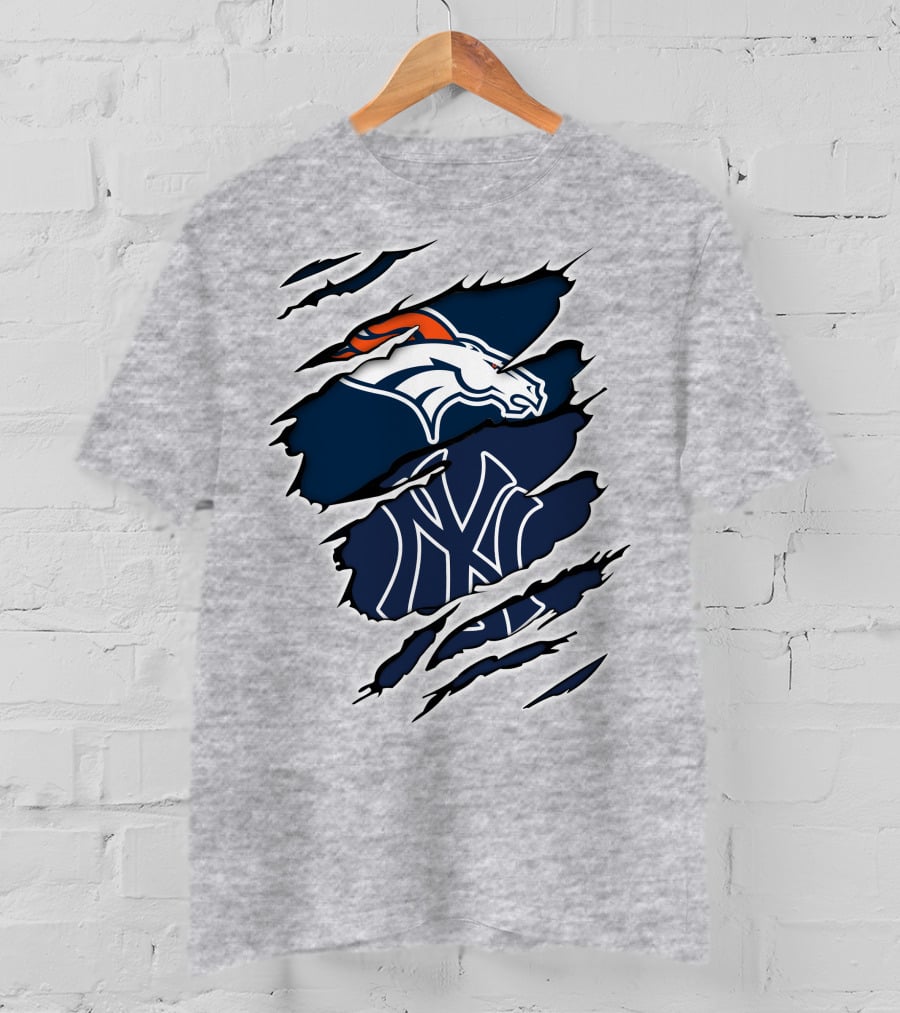 Broncos Yankees Distressed Dual Team Logo Fusion T-Shirt