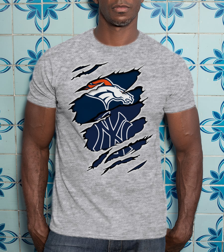 Broncos Yankees Distressed Dual Team Logo Fusion T-Shirt