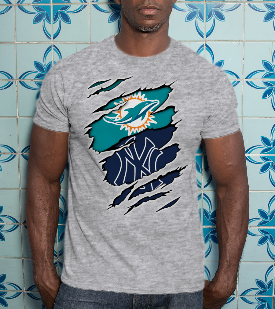 Miami Dolphins New York Yankees Logos Integration T-Shirt