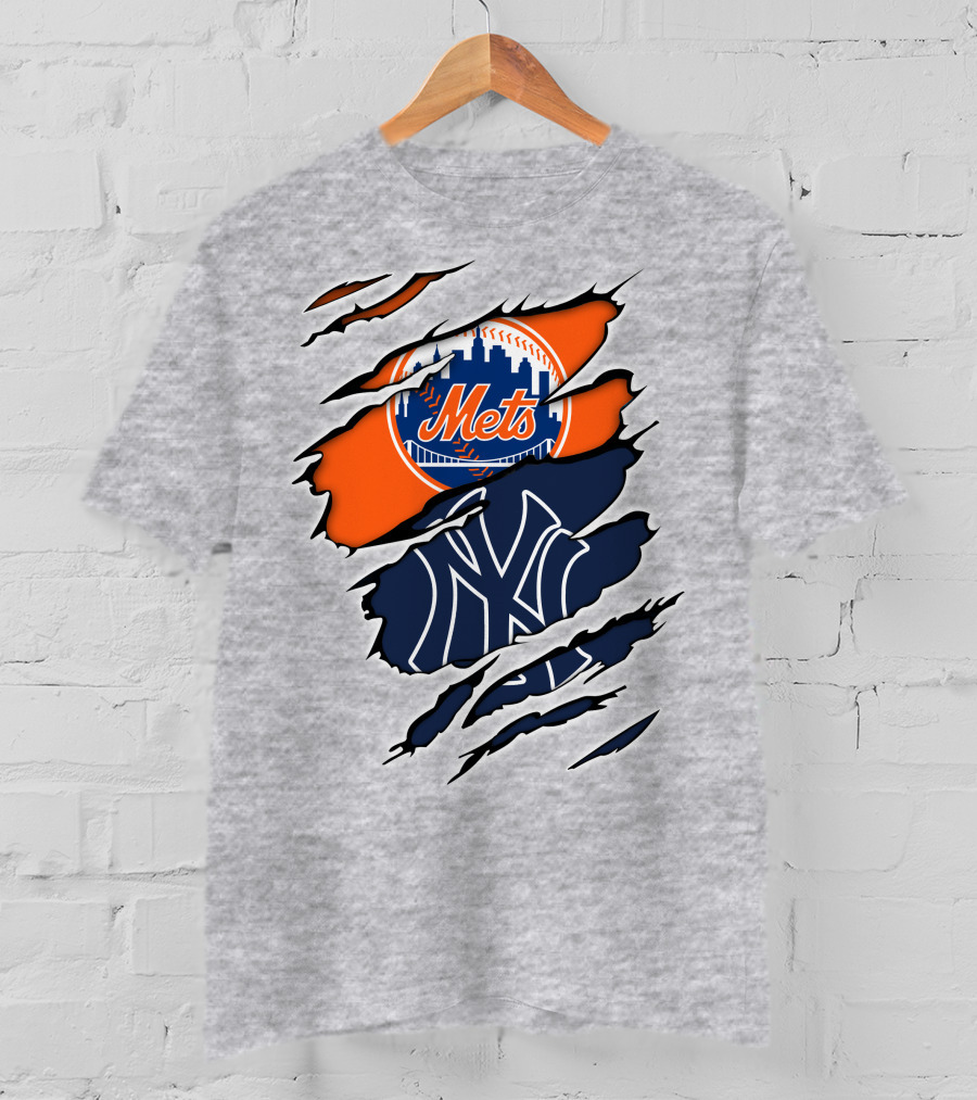 Mets Yankees Logo Tear Skyline Baseball Rivalry T-Shirt