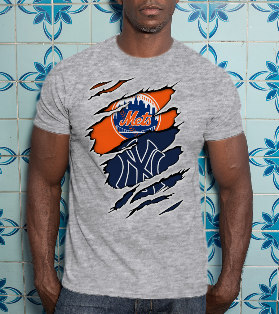 Mets Yankees Logo Tear Skyline Baseball Rivalry T-Shirt