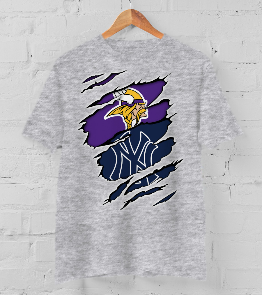 Vikings Yankees Logo Mashup Ripped Effect T-Shirt
