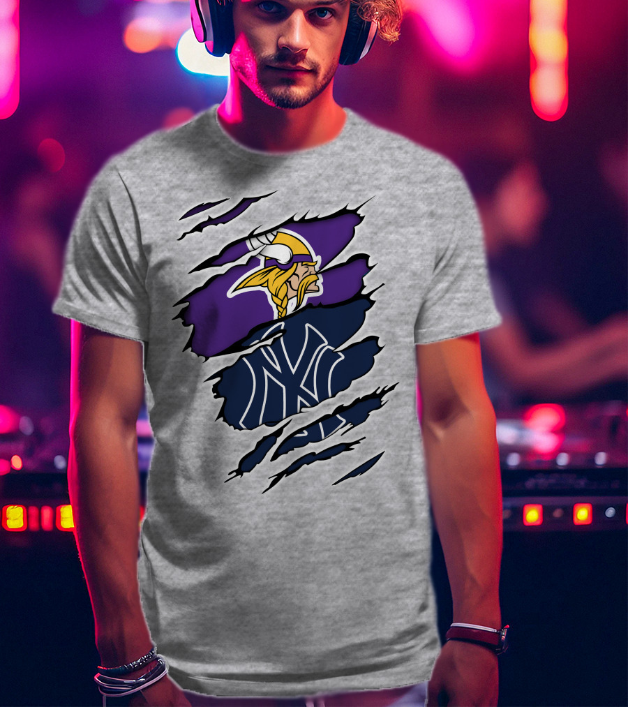 Vikings Yankees Logo Mashup Ripped Effect T-Shirt