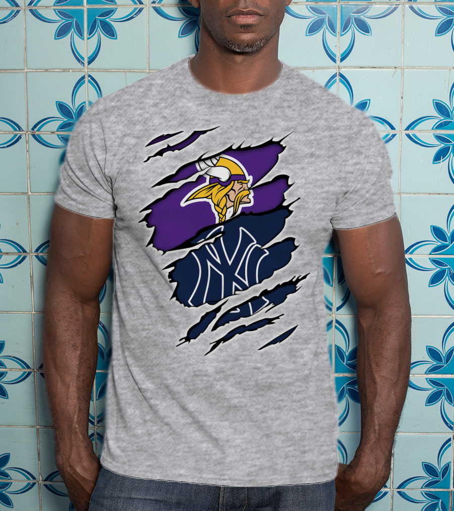 Vikings Yankees Logo Mashup Ripped Effect T-Shirt