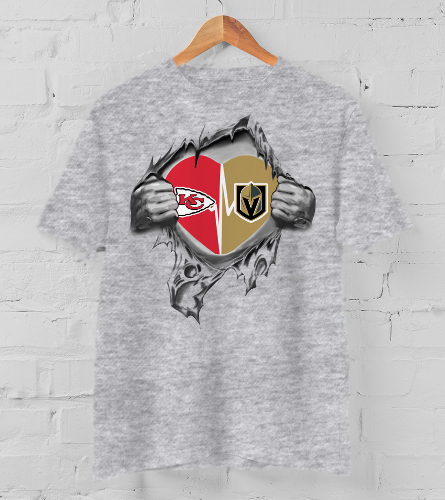 Golden Knights And Chiefs Heartbeat Logo Inside Torn Fabric T-Shirt