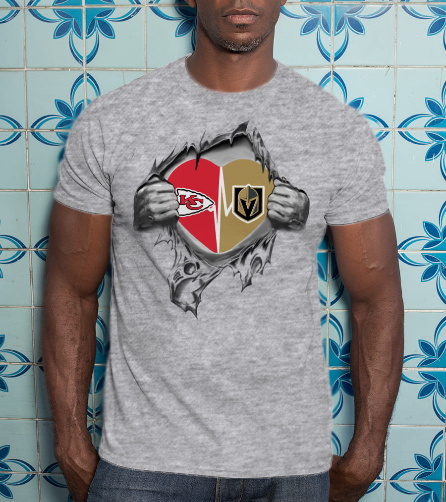 Golden Knights And Chiefs Heartbeat Logo Inside Torn Fabric T-Shirt