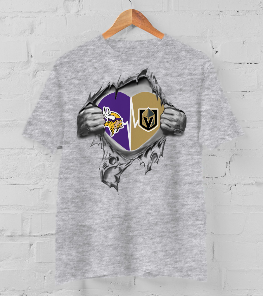 Golden Knights And Vikings Heartbeat Symbol With Torn T-Shirt