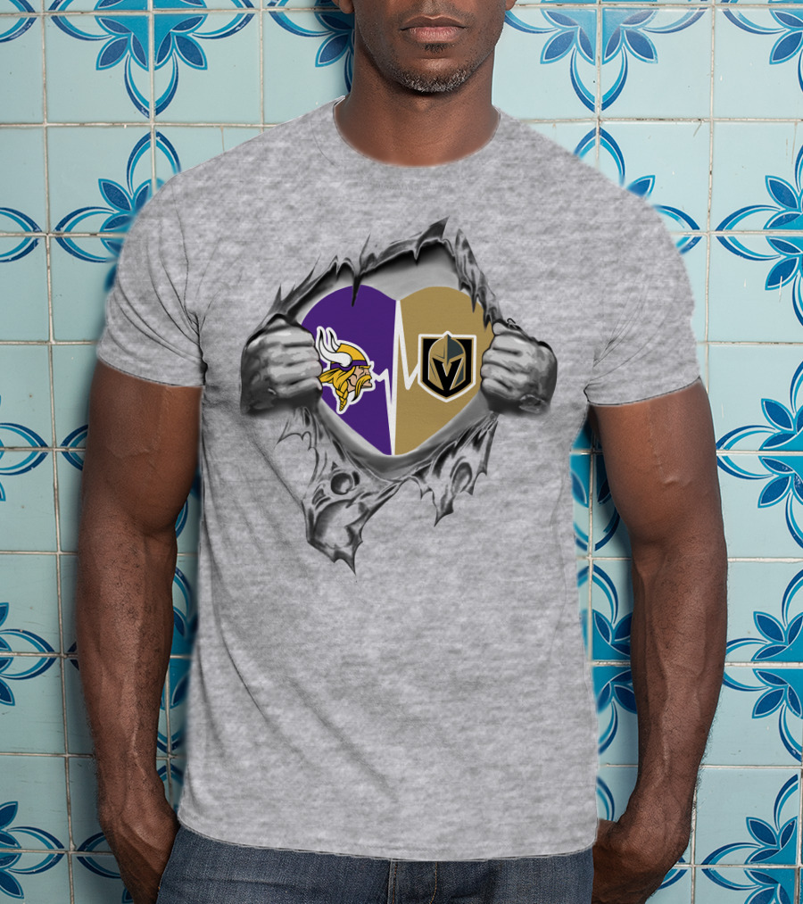 Golden Knights And Vikings Heartbeat Symbol With Torn T-Shirt