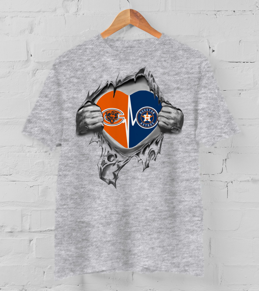 Houston Astros Chicago Bears Heart Logo Torn Fabric T-Shirt