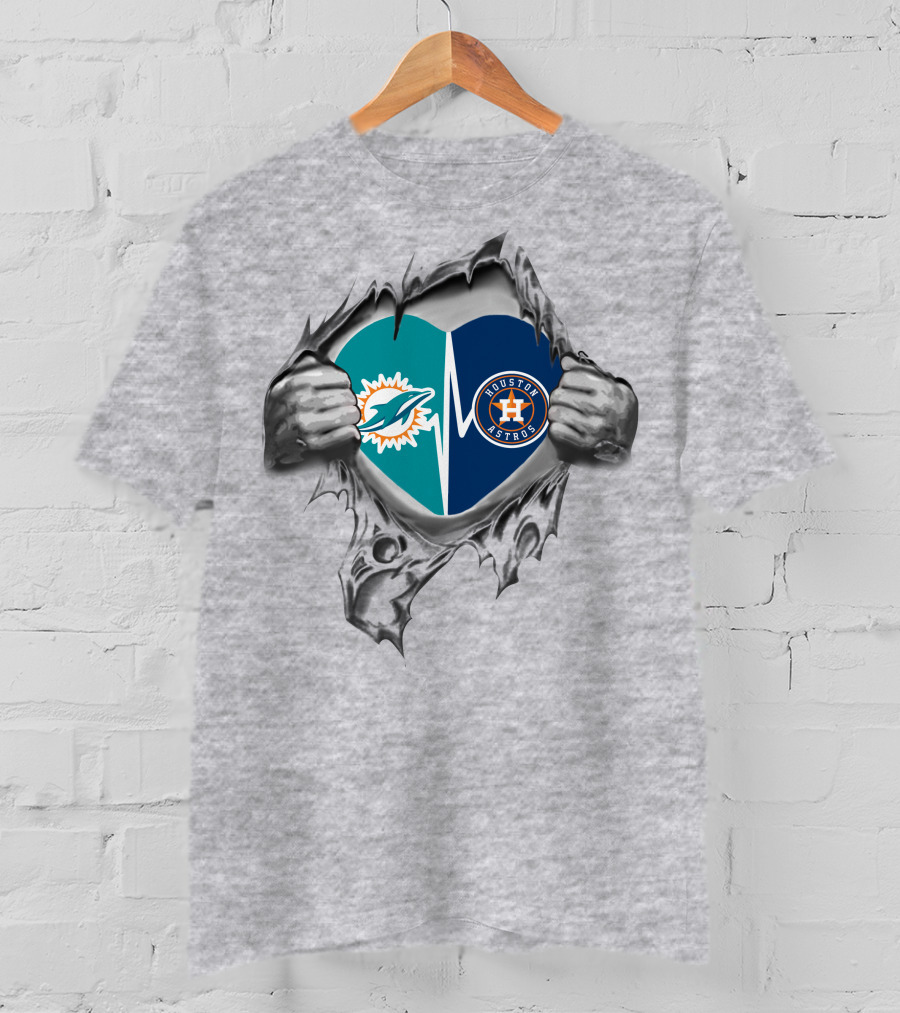 Houston Astros Miami Dolphins Heartbeat Logo Fusion T-Shirt