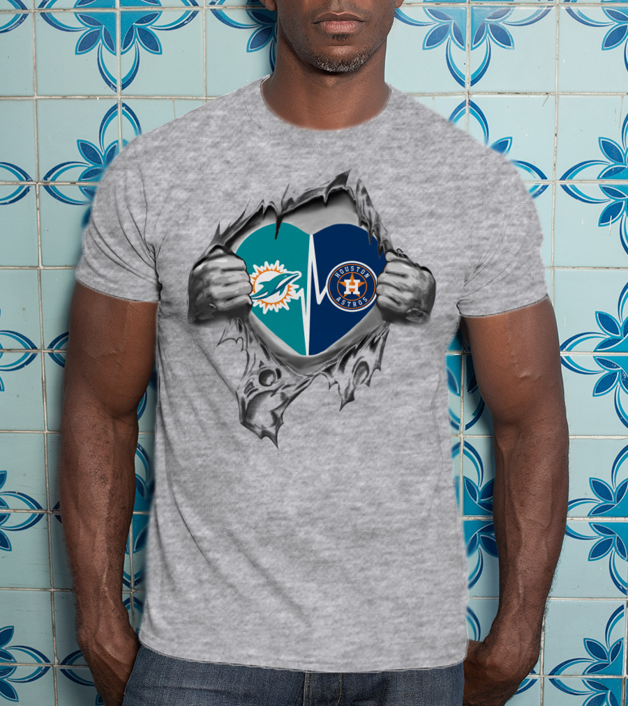 Houston Astros Miami Dolphins Heartbeat Logo Fusion T-Shirt