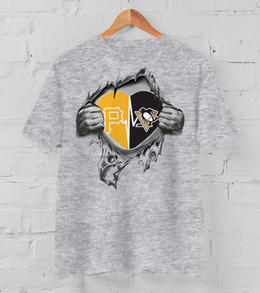 Pirates Penguins Heart With Team Logos Hidden Behind Torn Fabric T-Shirt