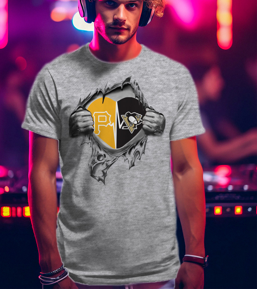 Pirates Penguins Heart With Team Logos Hidden Behind Torn Fabric T-Shirt