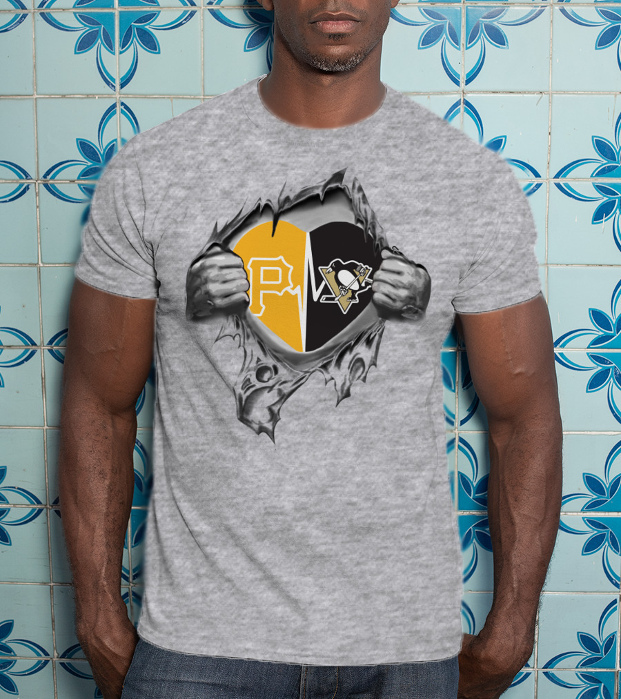 Pirates Penguins Heart With Team Logos Hidden Behind Torn Fabric T-Shirt