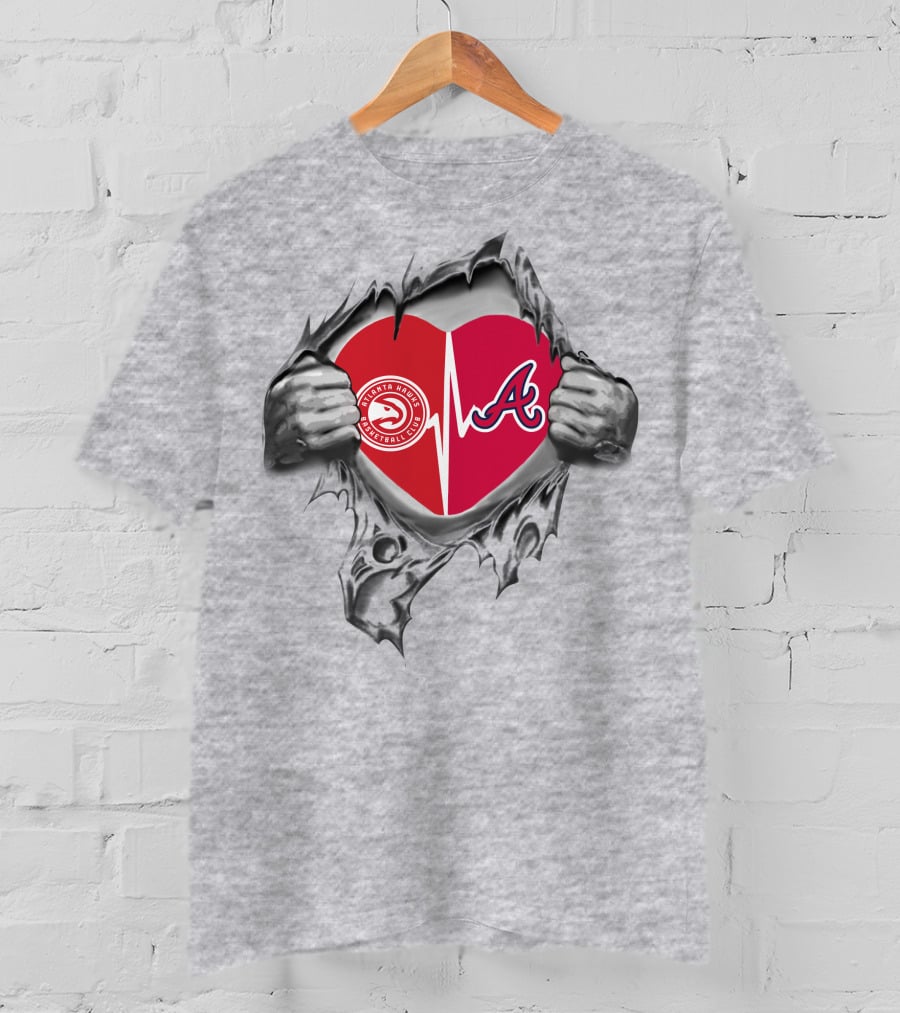 Atlanta Braves Hawks Heartbeat Logo In Torn Fabric T-Shirt