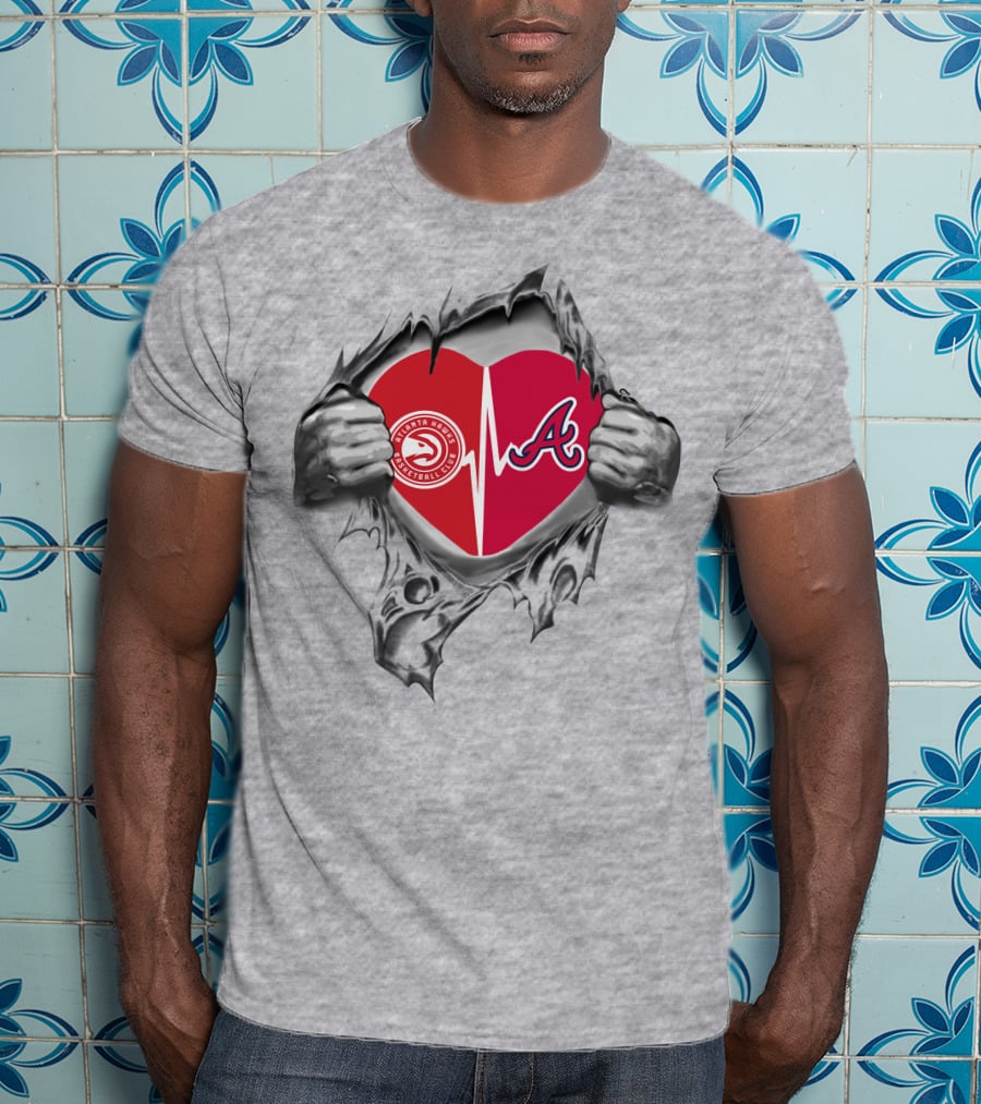 Atlanta Braves Hawks Heartbeat Logo In Torn Fabric T-Shirt