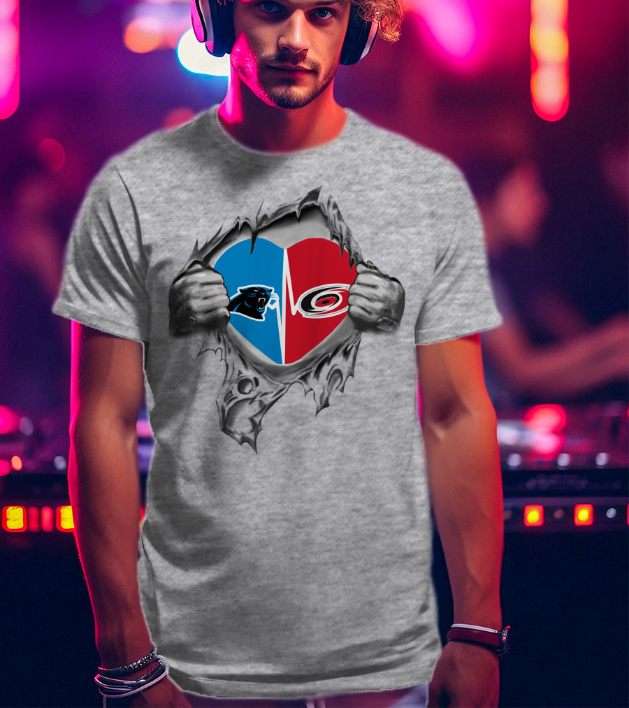 Carolina Panthers Hurricanes Heart Emblem Tear T-Shirt
