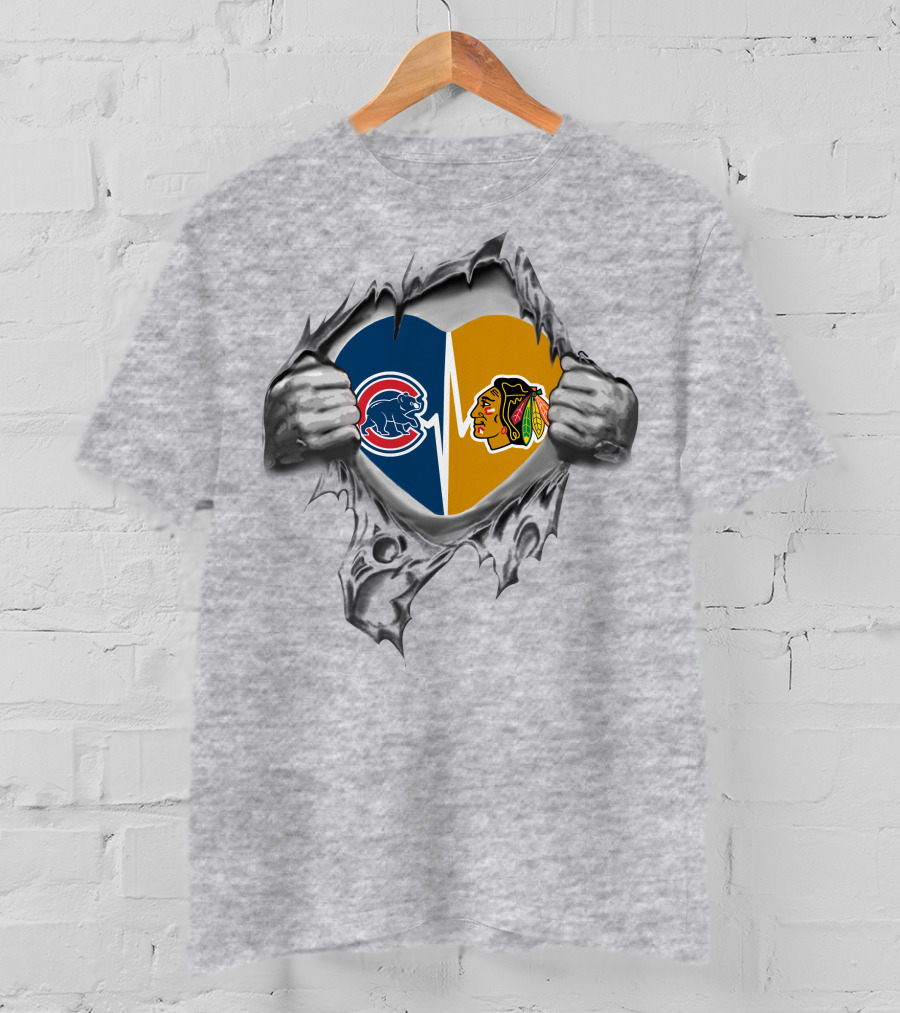 Chicago Cubs Blackhawks Heart Tear T-Shirt