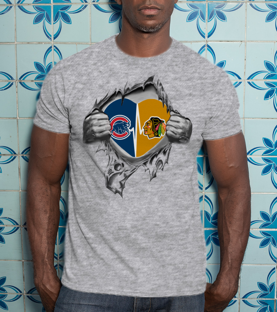 Chicago Cubs Blackhawks Heart Tear T-Shirt