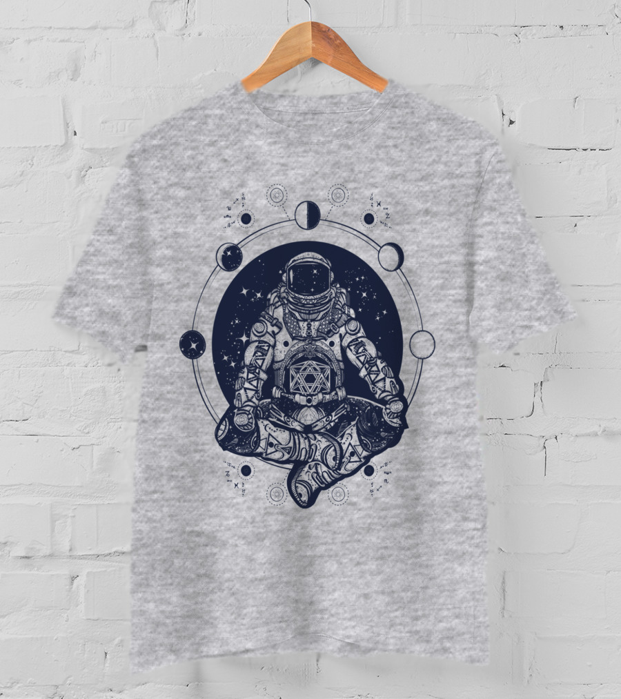 Zen Astronaut Meditating In Cosmic Orbit With Geometric Star Map T-Shirt