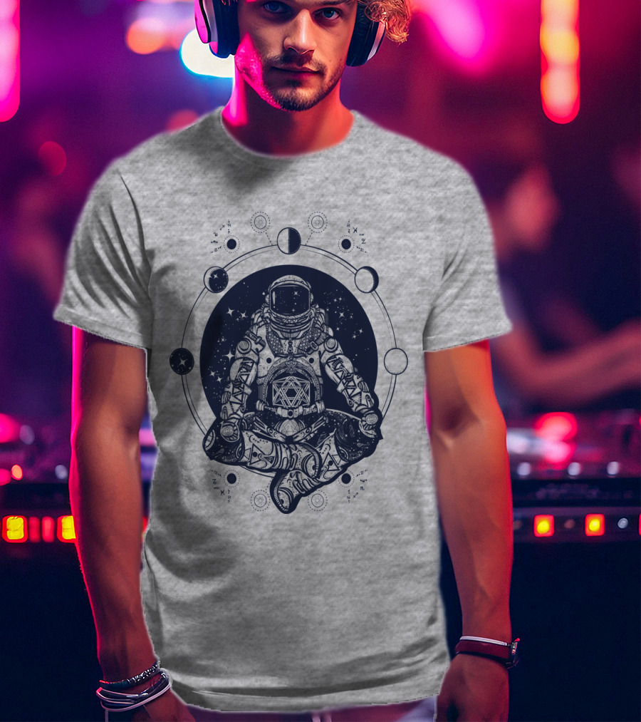 Zen Astronaut Meditating In Cosmic Orbit With Geometric Star Map T-Shirt