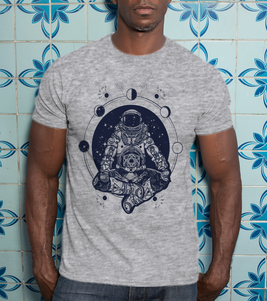 Zen Astronaut Meditating In Cosmic Orbit With Geometric Star Map T-Shirt