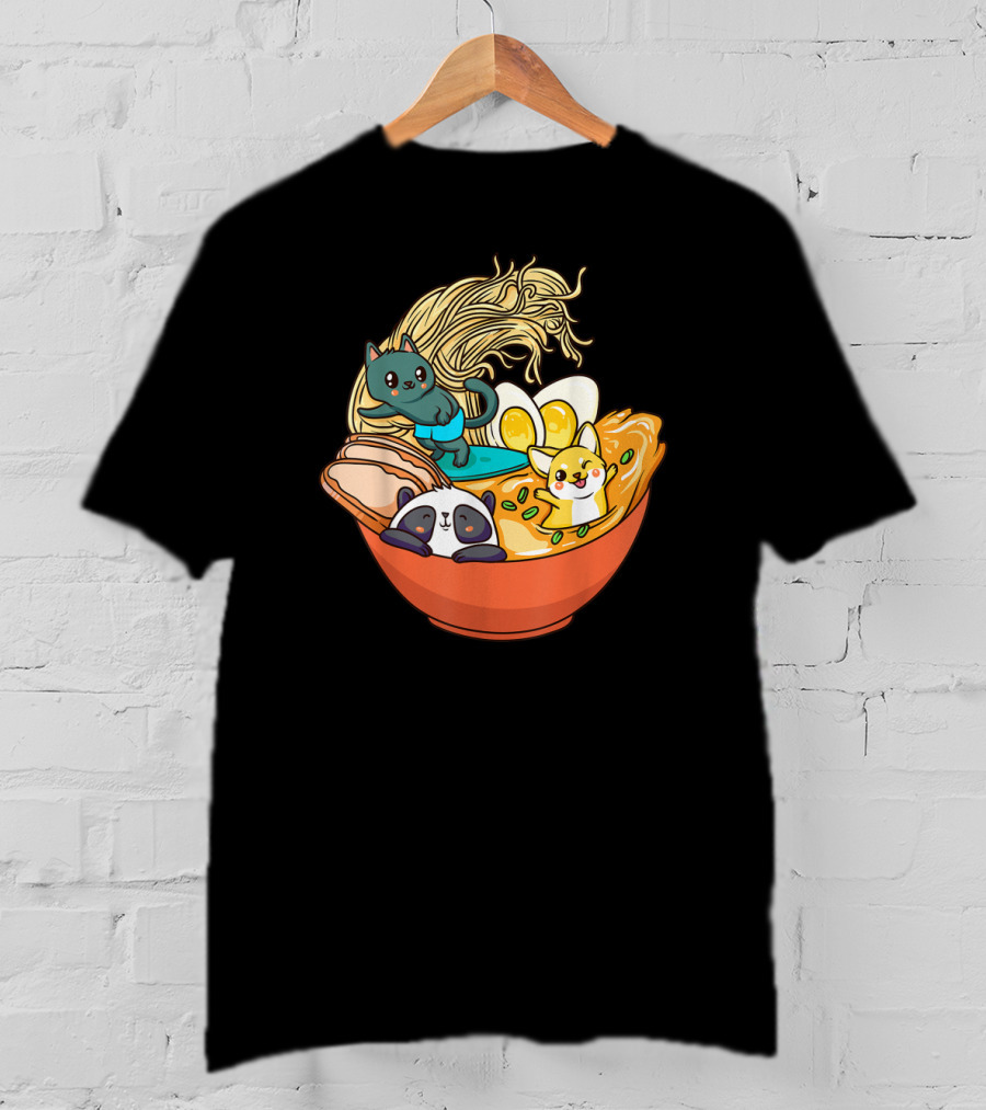 Cute Kawaii Cat Panda Dog In Ramen Bowl Japanese Anime Noodle T-Shirt