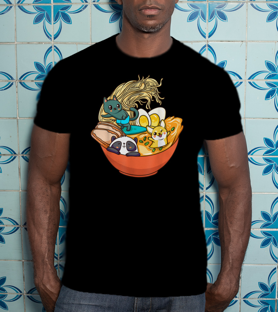 Cute Kawaii Cat Panda Dog In Ramen Bowl Japanese Anime Noodle T-Shirt