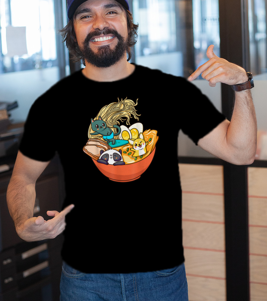 Cute Kawaii Cat Panda Dog In Ramen Bowl Japanese Anime Noodle T-Shirt