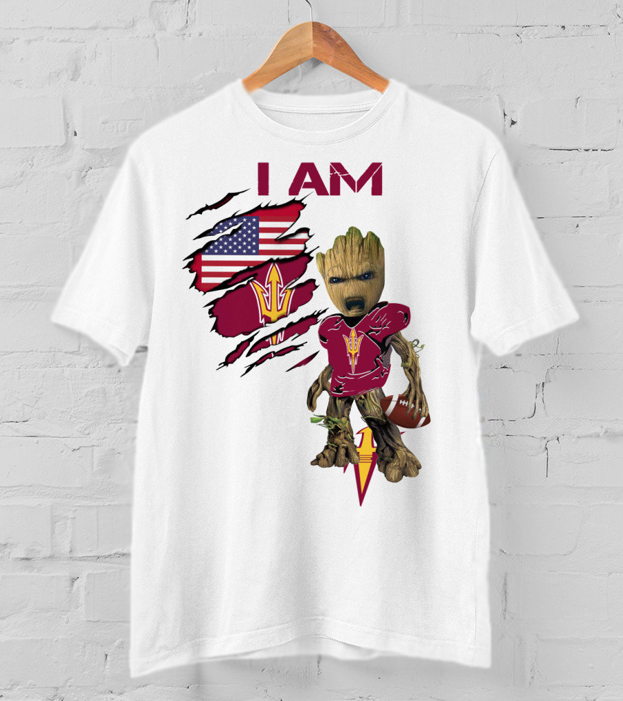 I Am ASU Baby Groot Football American Flag T-Shirt