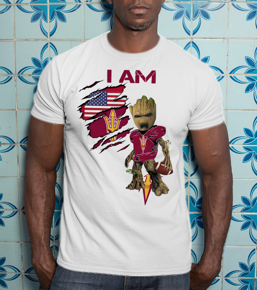 I Am ASU Baby Groot Football American Flag T-Shirt